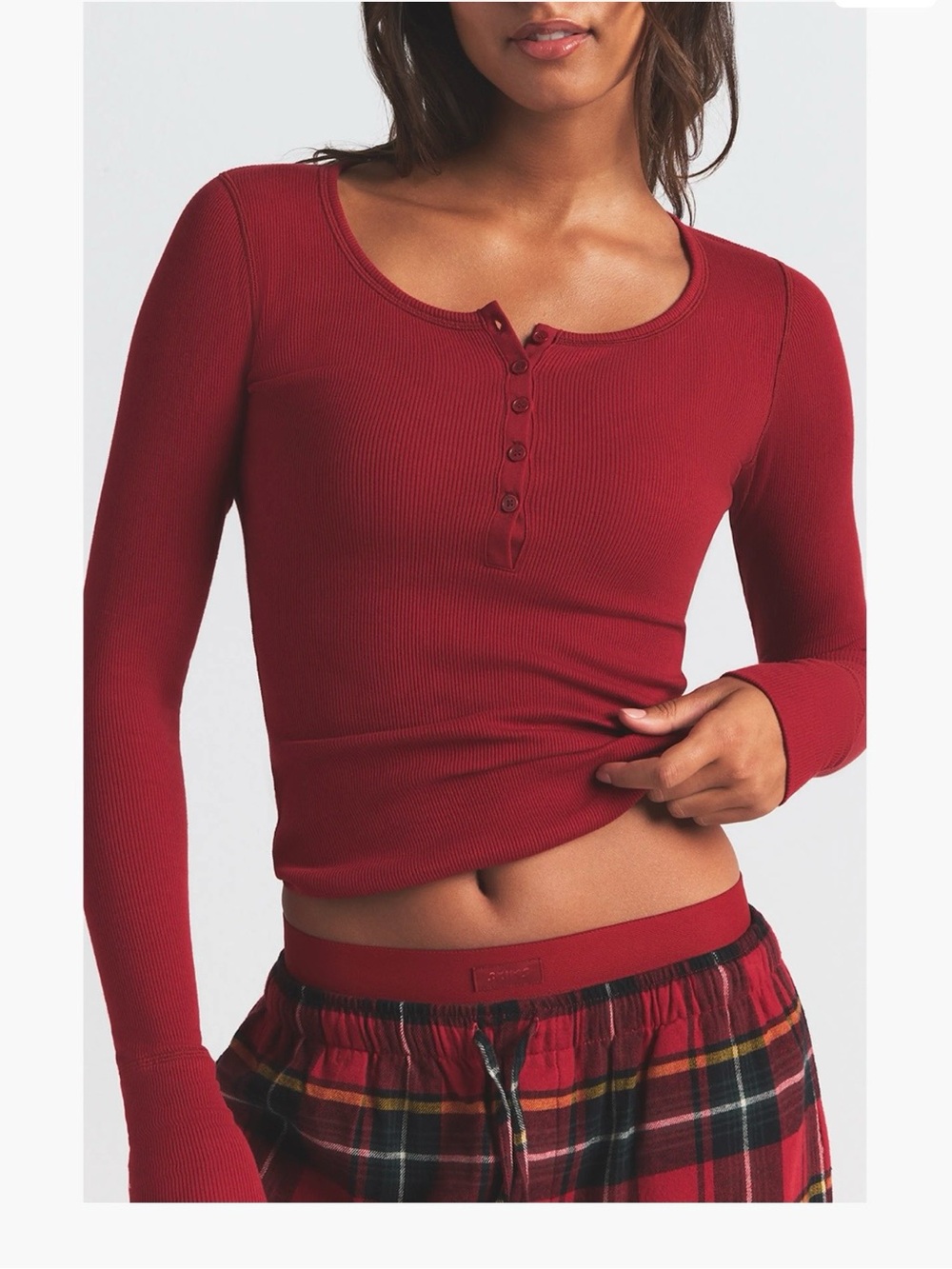 SKIMS Ribbed Long-Sleeve Henley Top in Deep Red